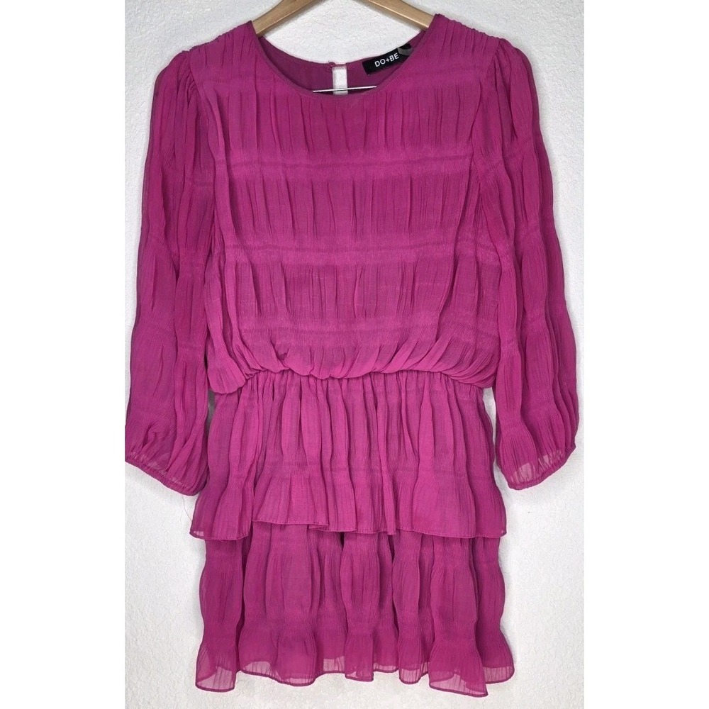 DO+BE Pink Ruffle Dress Smocked Tiered Mini Sz M Boho Date Dance Formal Barbie